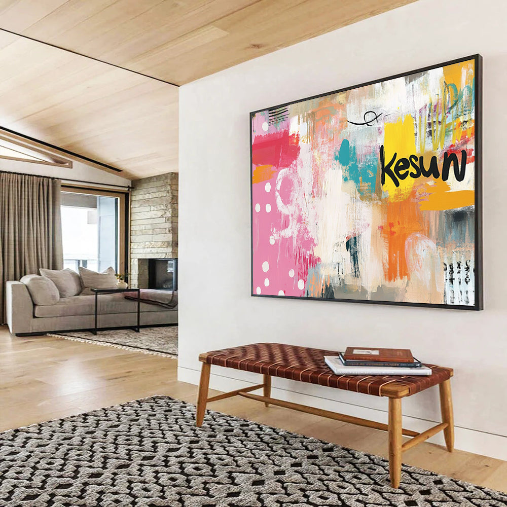 “Colorful Playful Abstract” - Pink, Orange, Teal, Yellow with Dots and “Kesun” - Painting On Canvas HB1389