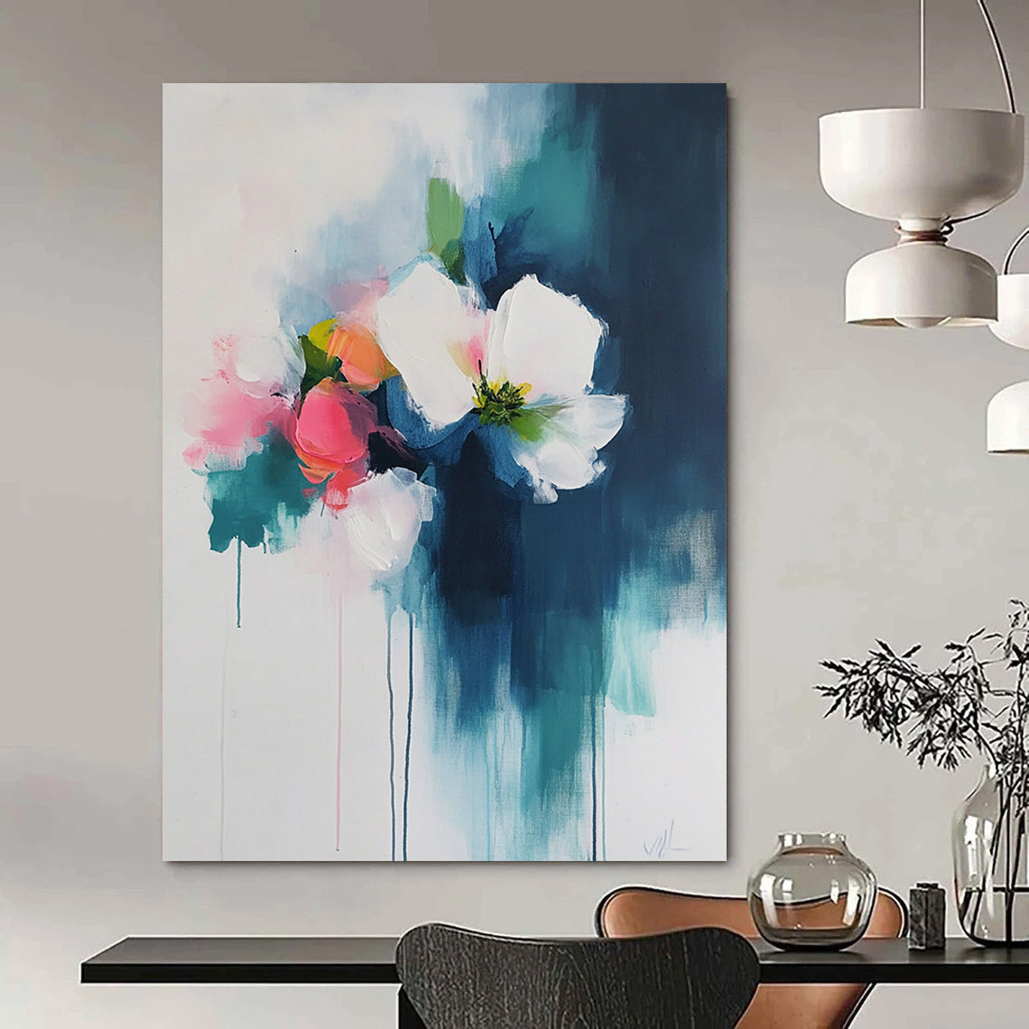 Contemporary abstract art featuring thick brush strokes of dark teal and light pink on a white background, evoking a soft and atmospheric floral theme. DLZ0621