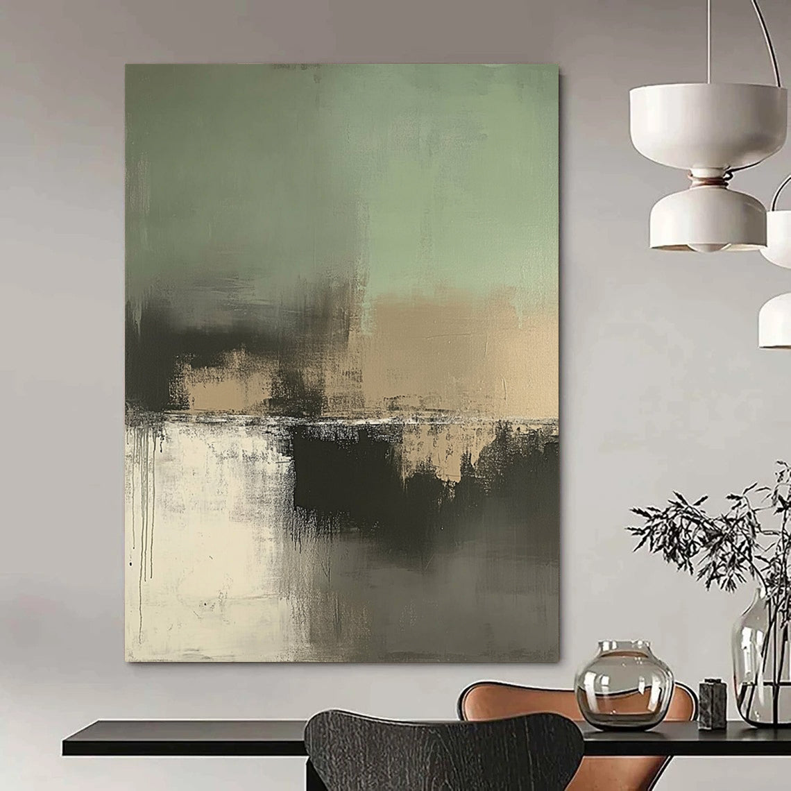 Large contemporary hand-painted abstract artwork featuring soft sage green, beige, and gray tones for a serene and sophisticated aesthetic. DLZ0442