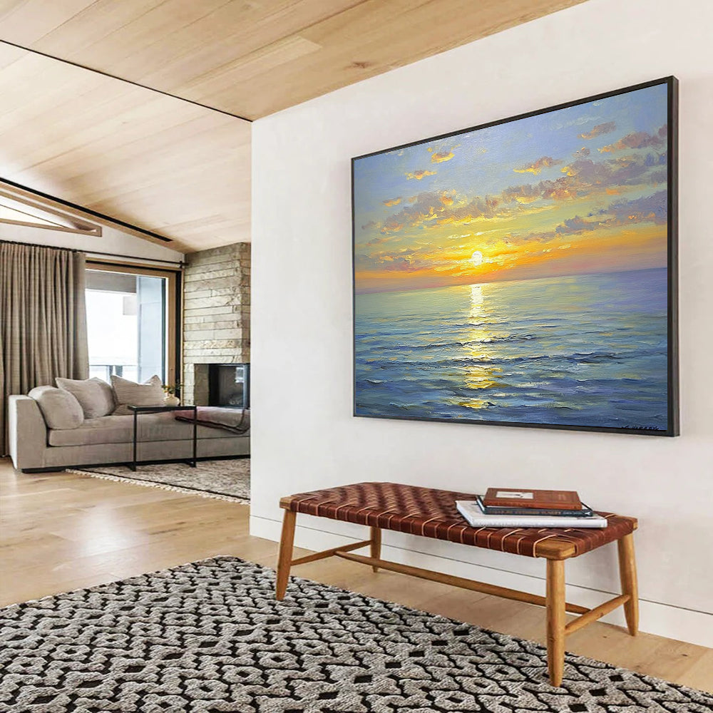 “Sunny Sea Sunset” - Bright Yellows, Oranges, Pinks, Blues, Colorful Ocean Sunset - Oil Painting HB1610