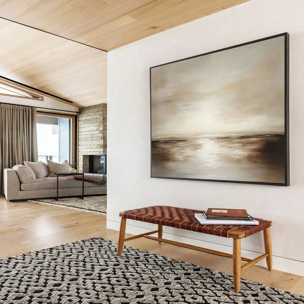 “Earthy Horizon” - Warm Browns, Soft Beiges, Vast Sky and Calm Sea Painting On Canvas HB0917
