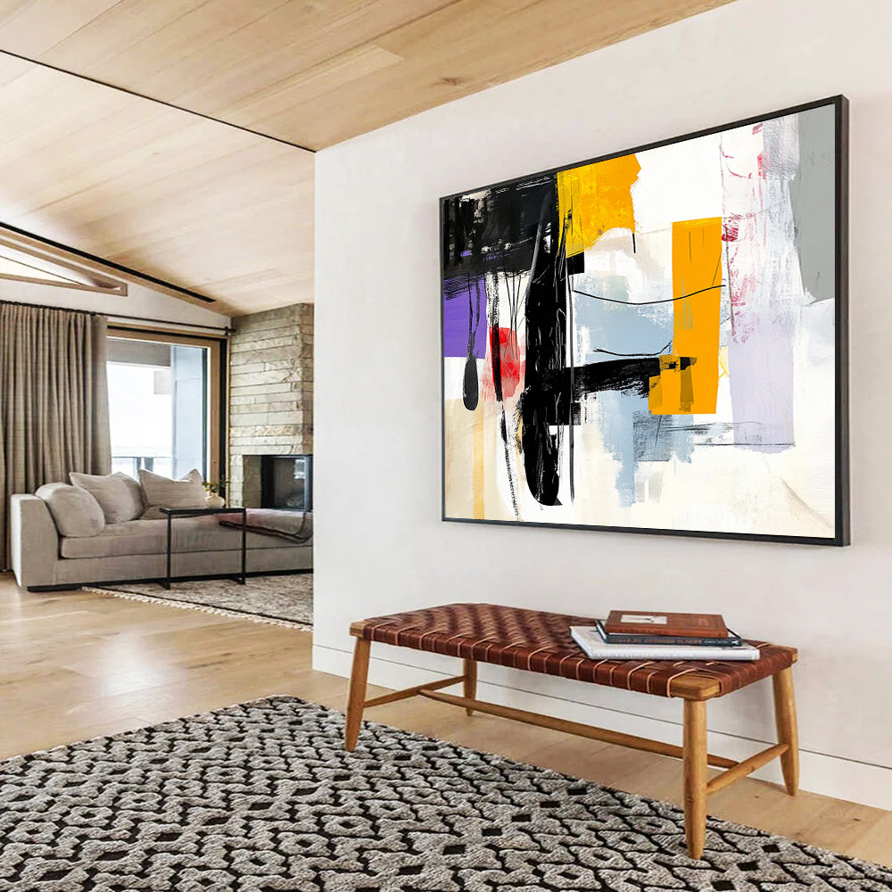 “Abstract Black, Yellow, and Colorful Shapes” - Black, Yellow, Colorful Palette, Abstract Shapes Painting On Canvas HB0863