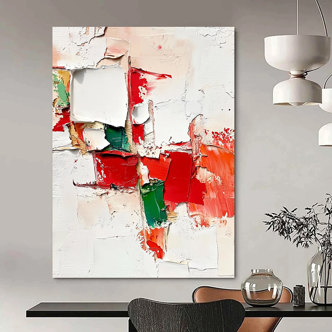 Contemporary abstract artwork showcasing torn pieces in red, green, and white with thick layers, brush strokes, and expressive paint splatters on an off-white background. DLZ0661