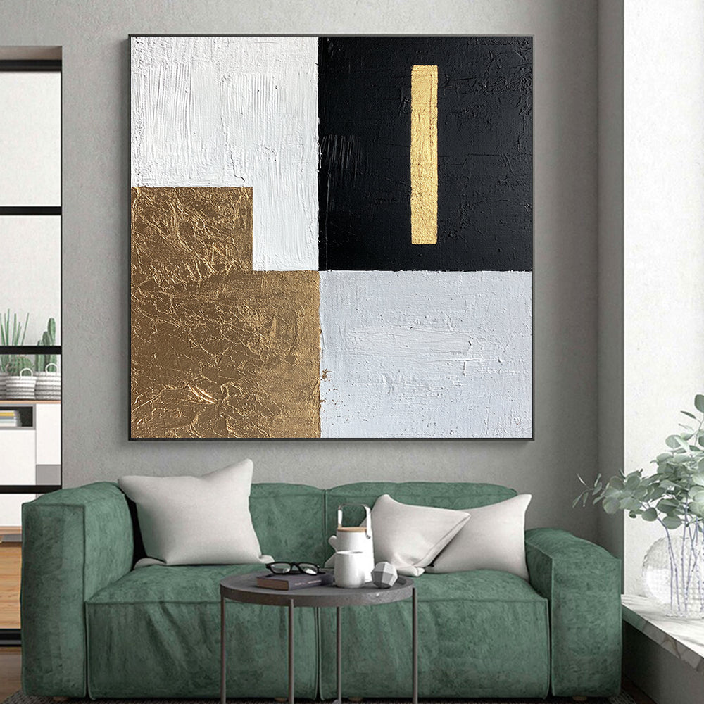 White, Black, Gold, Light Gray with Geometric Blocks "Elegant Division" Abstract Painting On Canvas HB011
