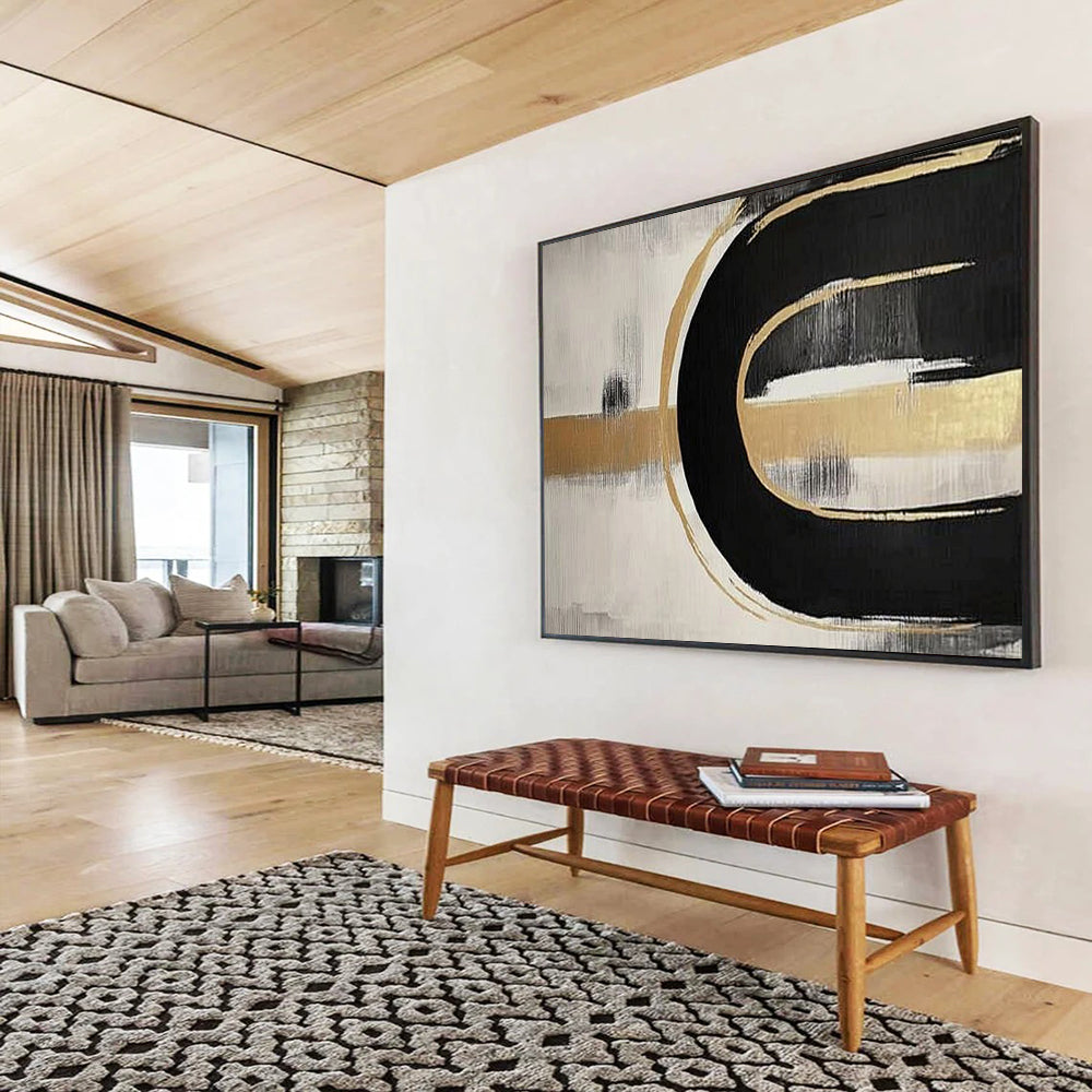 Black, Gold and White Abstract Curves "Elegant Flow" Painting On Canvas HB0412