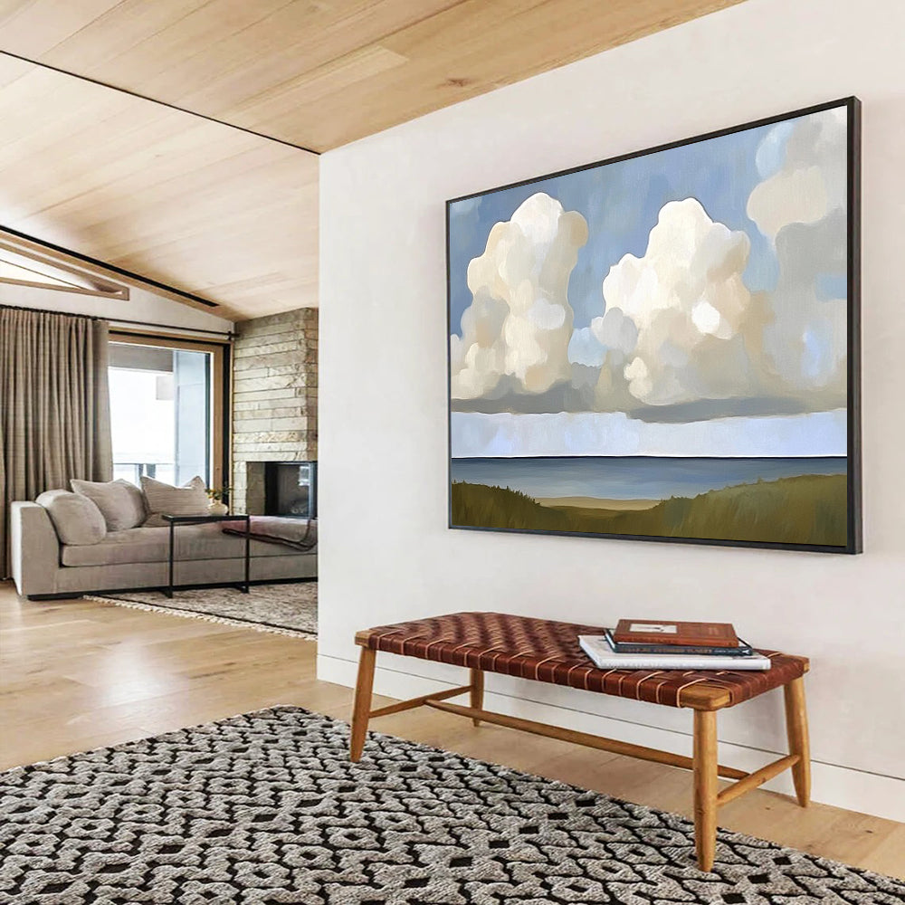 “Cloudy Coastal View” - Blues, Whites, Greens, Clouds Over the Sea with Grasslands - Minimalist Acrylic Painting HB1708