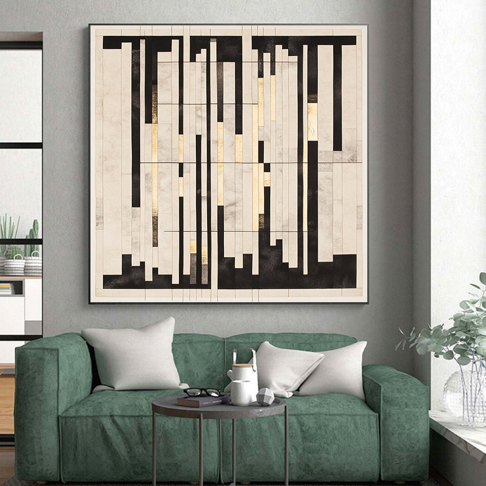 Black, White, Gray, Gold, Vertical Rectangles "Gilded Grid Symphony" Abstract Constructivist - Inspired Painting On Canvas HB121