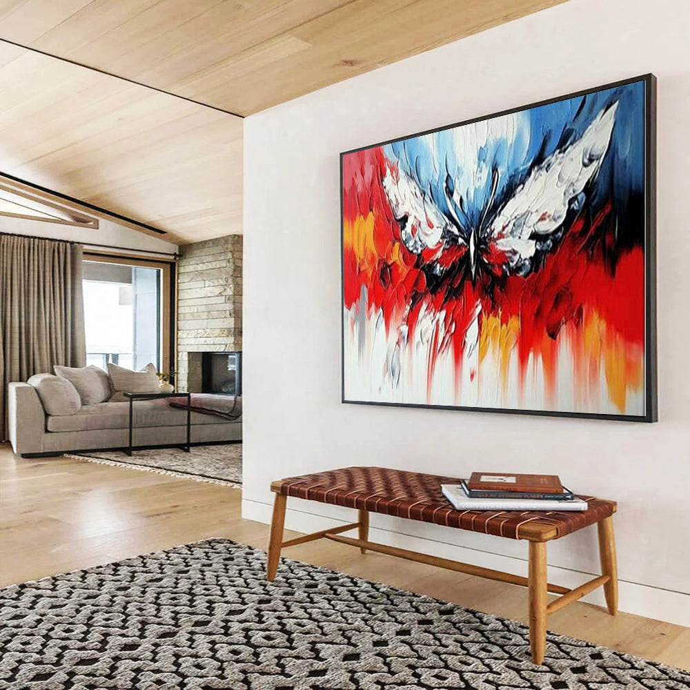 Red, Blue, White, Yellow and Gray Abstract Butterfly "Vibrant Wings" Painting On Canvas HB0418