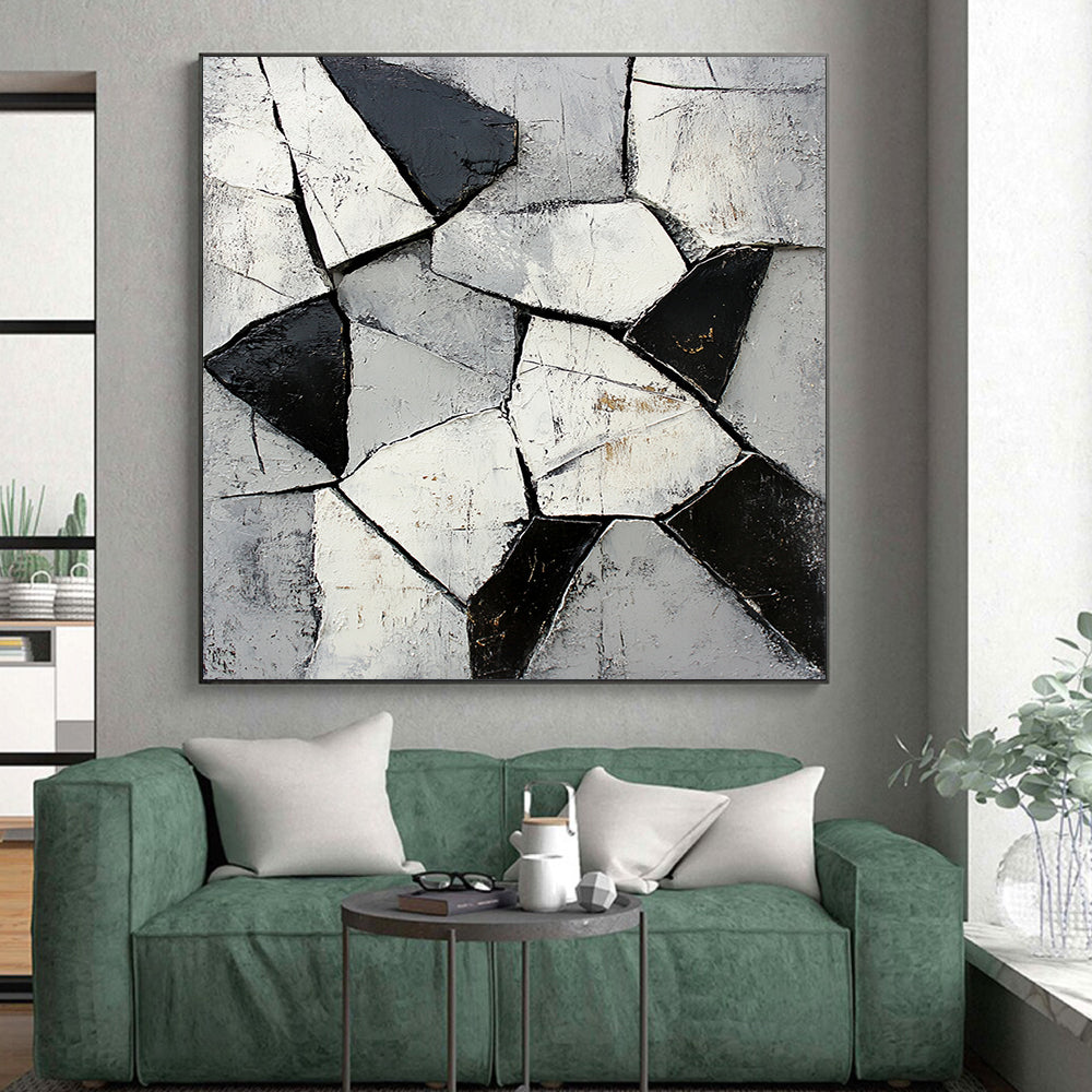 Gray, Black, White, Fragmented Shapes "Broken Mosaic" Abstract Cubist - Inspired Painting On Canvas HB060