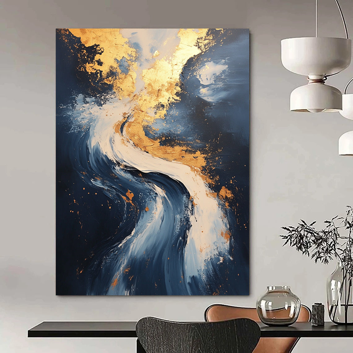 Contemporary abstract painting showcases flowing water and serene clouds with gold leafing and ultra-detailed textures for a captivating experience. DLZ0332