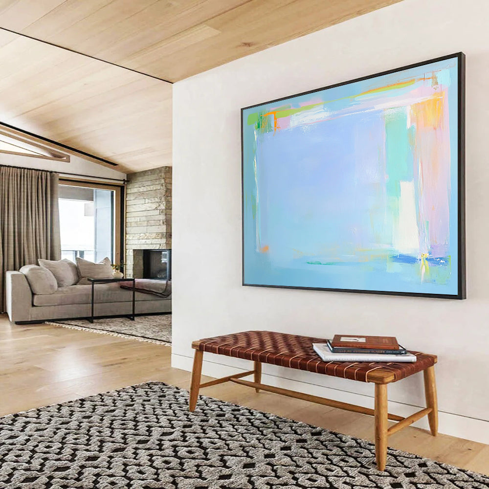 “Soft Color Block Abstraction” - Light blue, pastel green/orange, minimalist blocks, Abstract Painting On Canvas HB0587