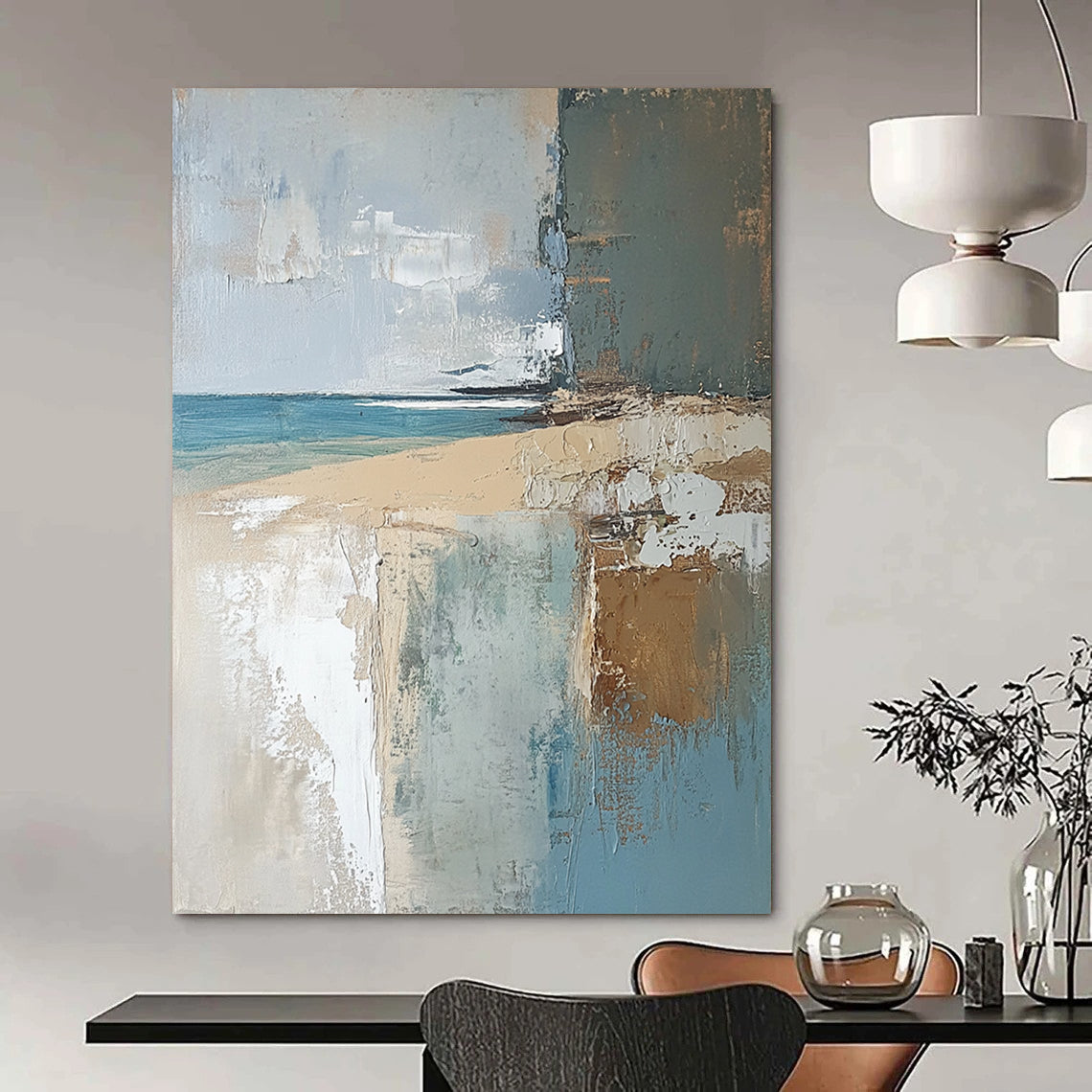 Contemporary abstract painting featuring a textured English beach scene in muted earthy tones, showcasing light blue, brown, neutral green, and grey. DLZ0454