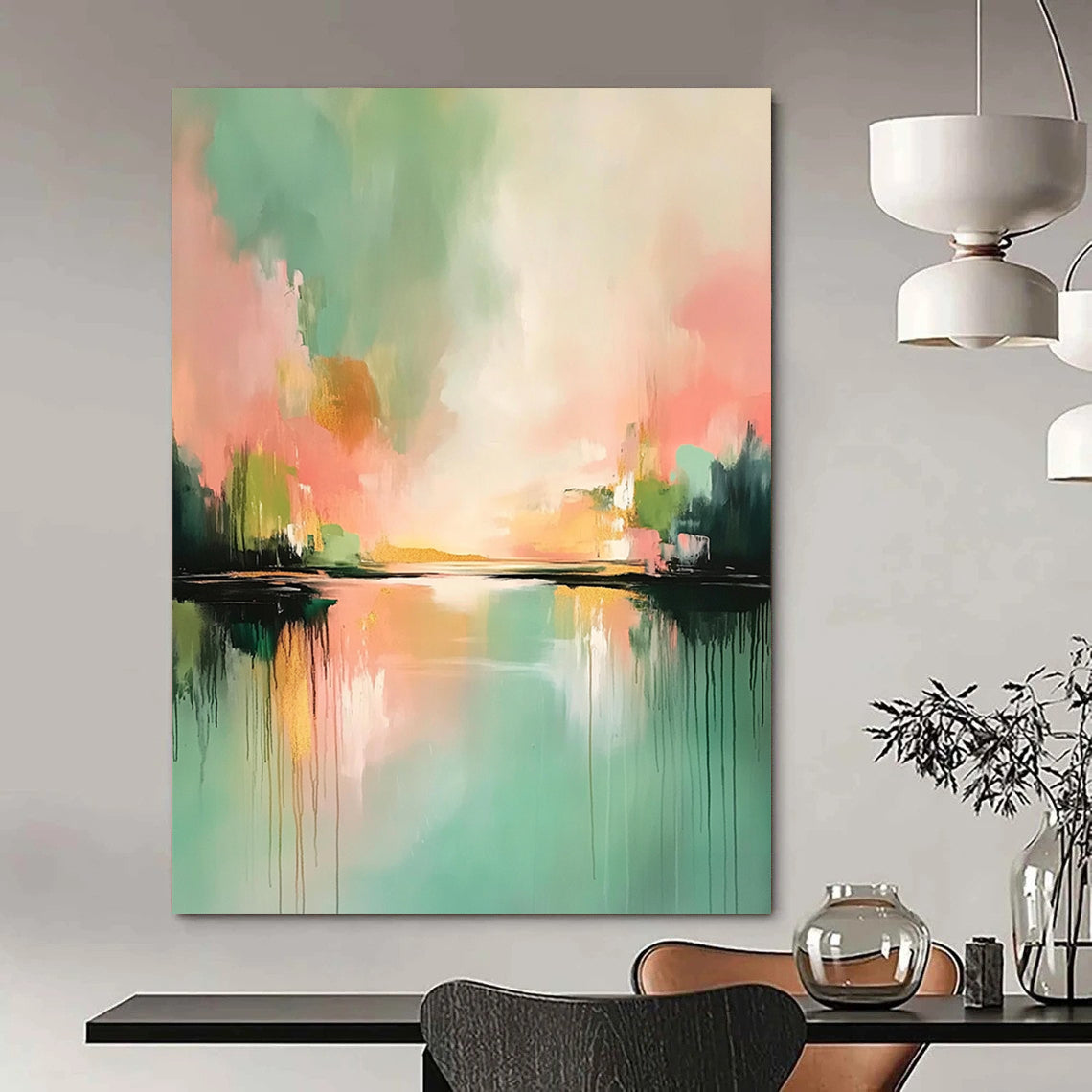 Contemporary abstract painting featuring soft pinks and greens with reflections on water atmospheric clouds and light gold highlights. DLZ0407