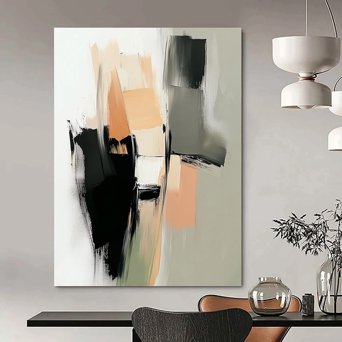 Contemporary hand-painted abstract art featuring thick brushstrokes in neutral tones of beige and black with geometric shapes and soft edges. DLZ0430