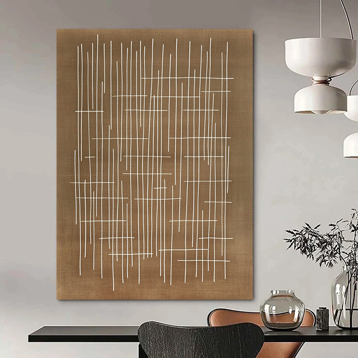 Contemporary abstract artwork featuring geometric patterns with white lines on a brown background inspired by Japanese calligraphy and Paul Klee's style. DLZ1159