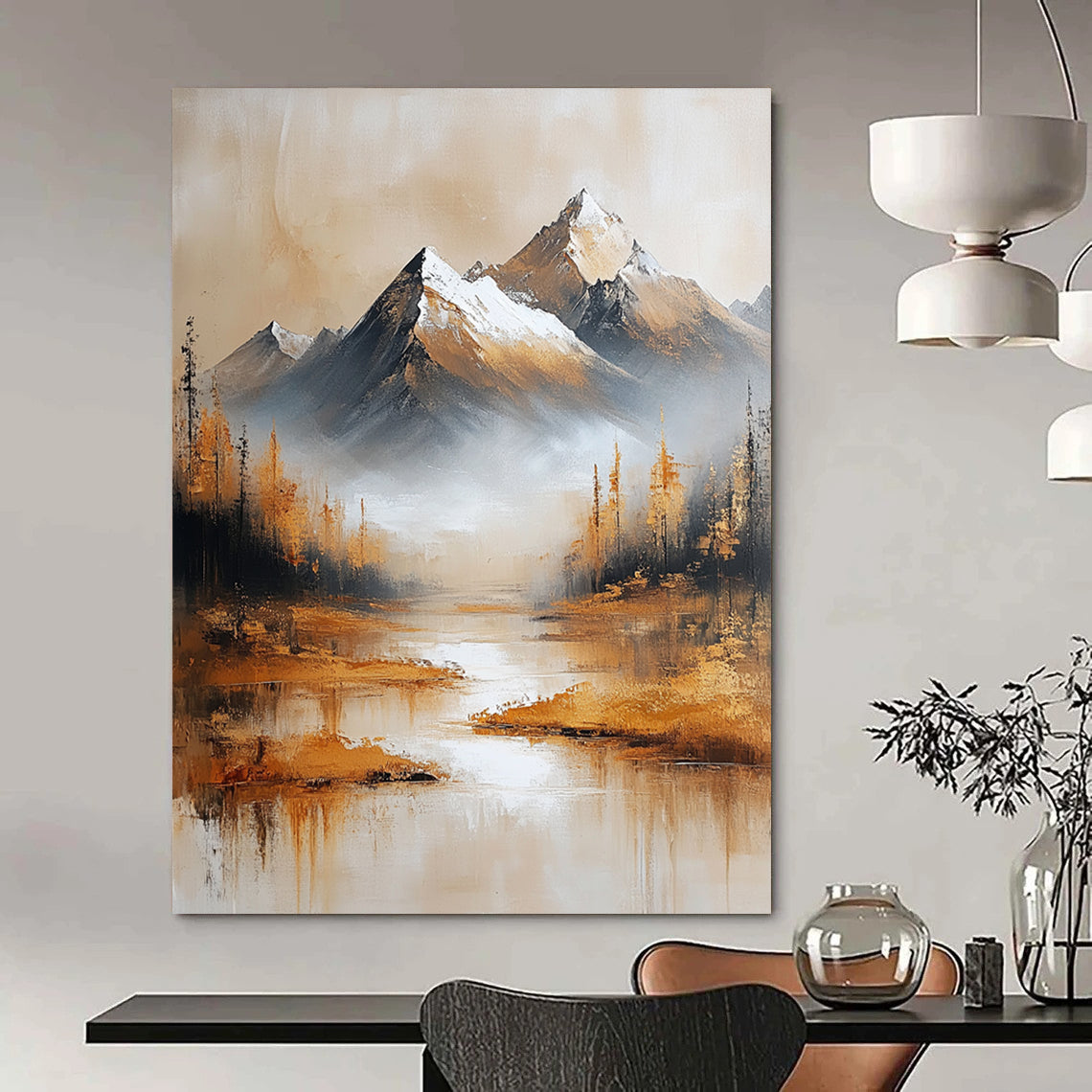 Contemporary abstract oil painting features golden mountains with a snow-capped background in a minimalist beige and gold color scheme. DLZ0481