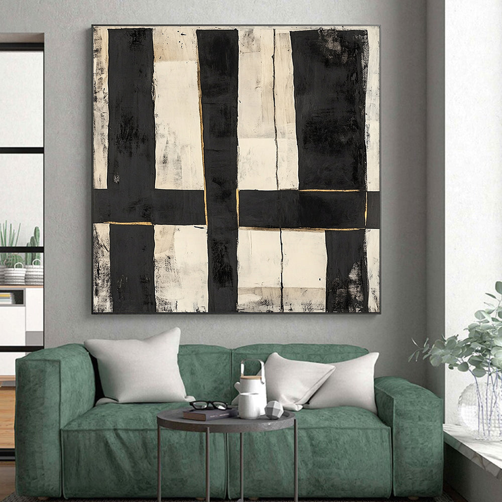 Black, White, Gold, Vertical Rectangles "Gilded Grid" Abstract Constructivist - Inspired Painting On Canvas HB142