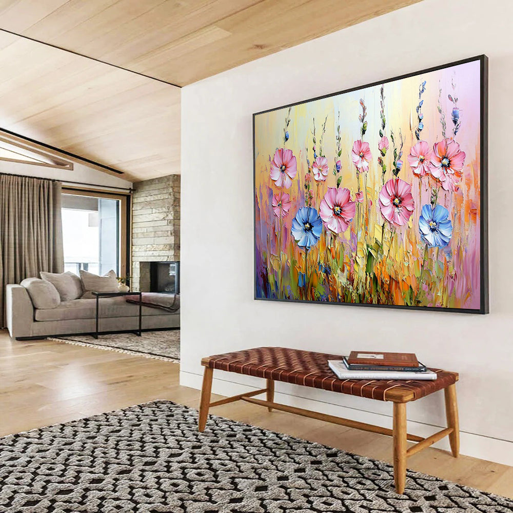 “Vibrant Wildflower Field” - Pinks, Blues, Yellows, Lively Wildflower Meadow - Impasto Oil Painting HB1718