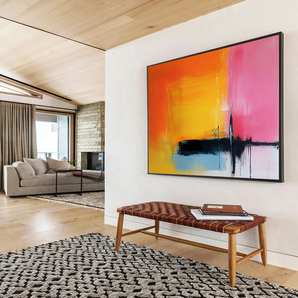 “Orange, Pink, and Blue Abstract Color Blocks” - Orange, pink, blue, yellow, black; Abstract color blocks with drips; Acrylic Painting On Canvas HB1225