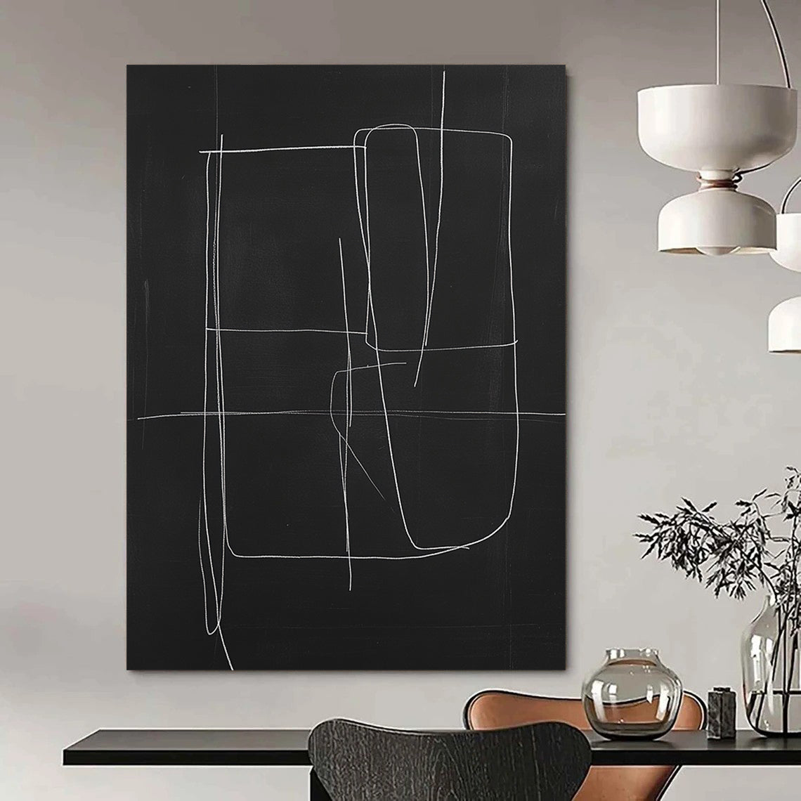 Contemporary minimalist abstract art featuring a central shape with extending lines on a black background creating a striking visual contrast. DLZ1642