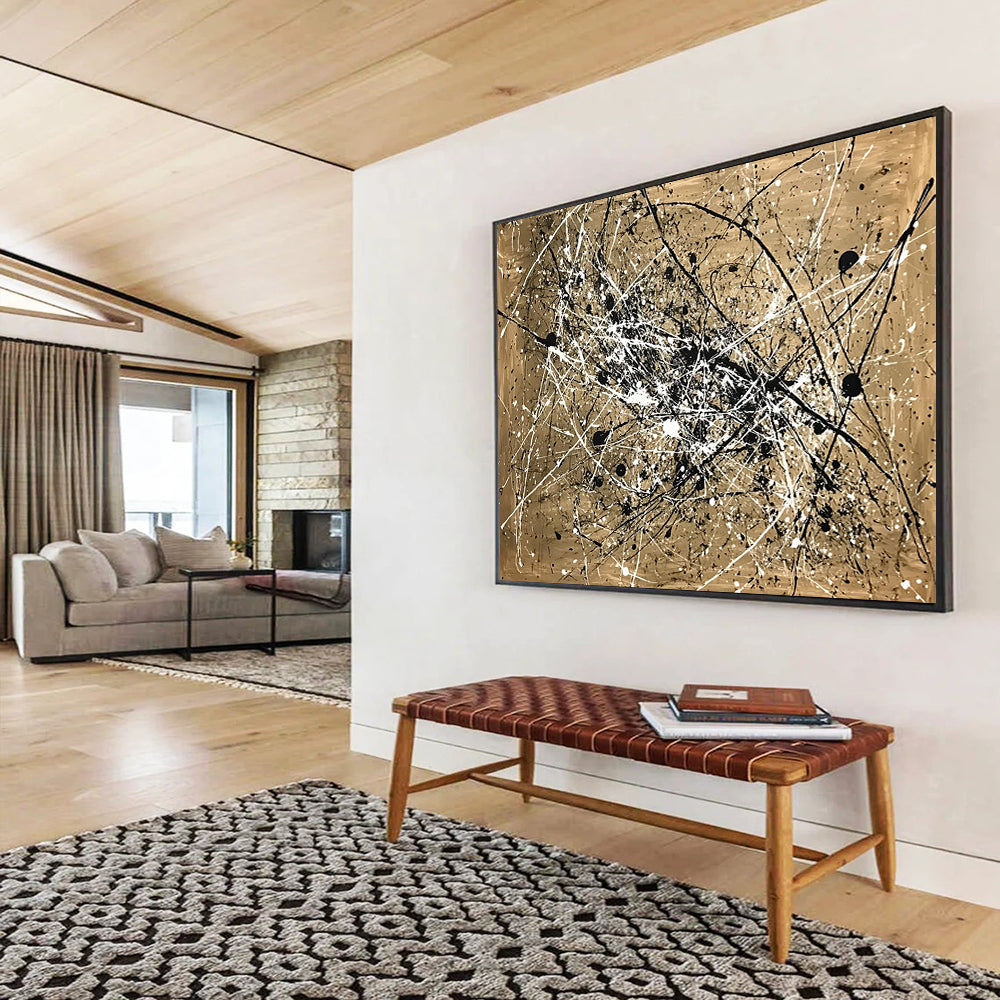 “Splattered Black and White on Gold” - Gold, Black, White, Abstract Splatter Art - Acrylic Painting HB1655