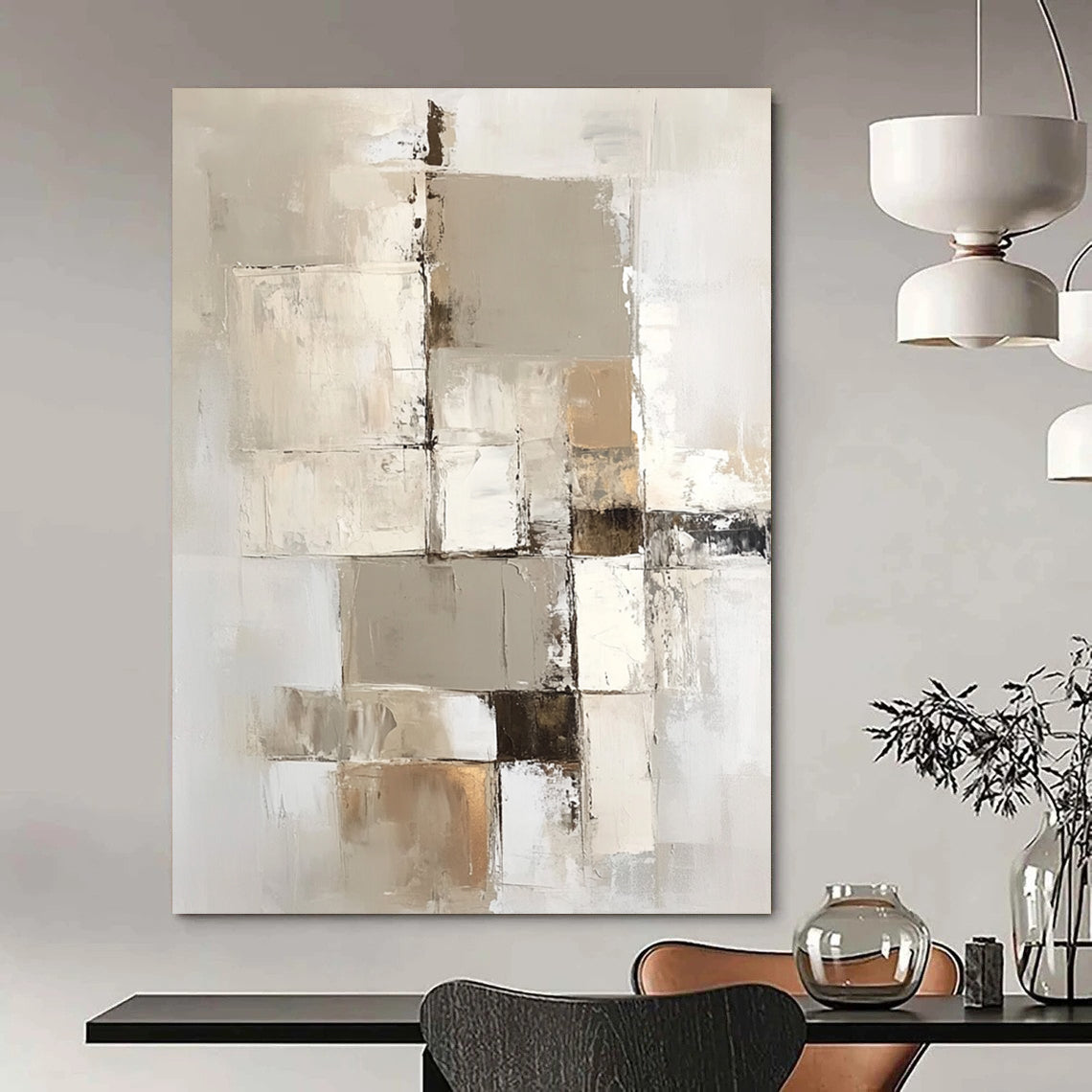 Large contemporary abstract painting with a beige and white palette showcasing geometric shapes and textures on a vertical canvas. DLZ0697