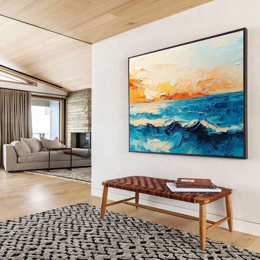 “Sunset Ocean Waves” - Orange, Yellow, Blue, Impasto Seaside Sunset Painting On Canvas HB1029