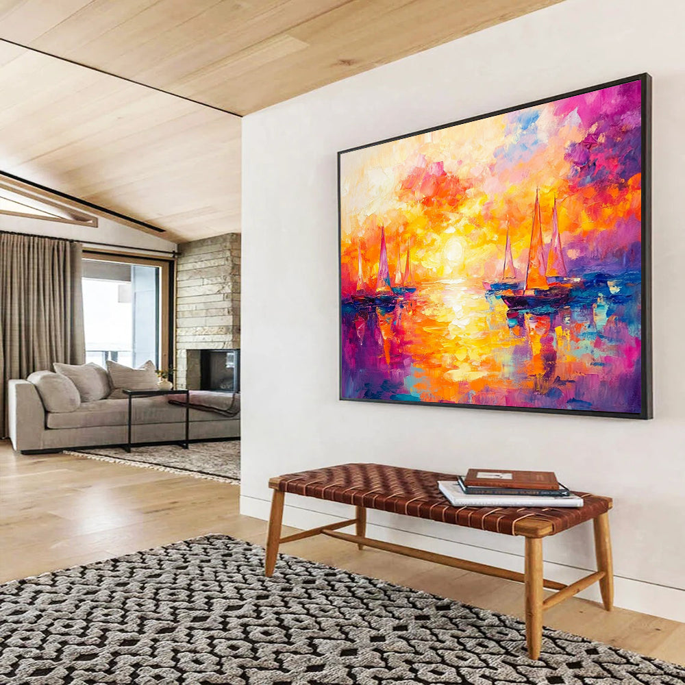 “Sailboats in Fiery Sunset” - Orange, Pink, Purple, Sailboats on Water, Impressionist - style Painting On Canvas HB1098