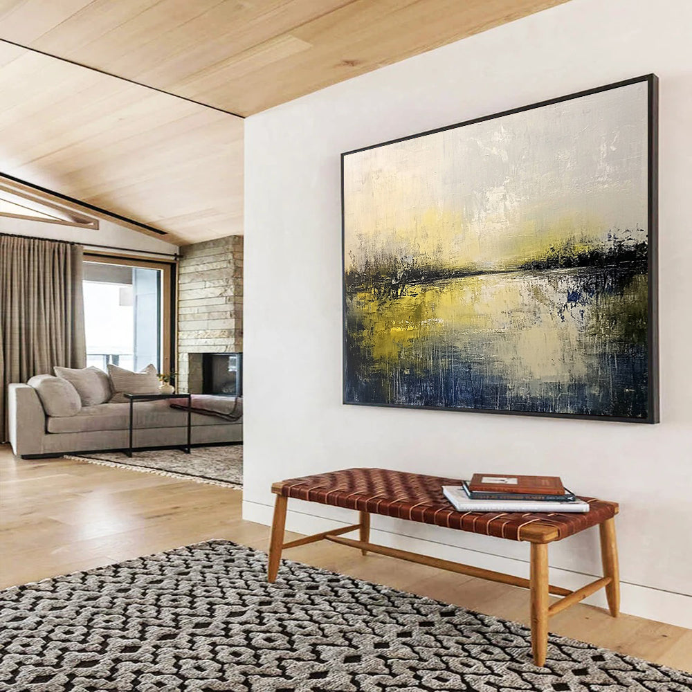 “Misty Yellow Lake” - Yellow, Gray, Hazy Sky and Reflective Water Painting On Canvas HB0939