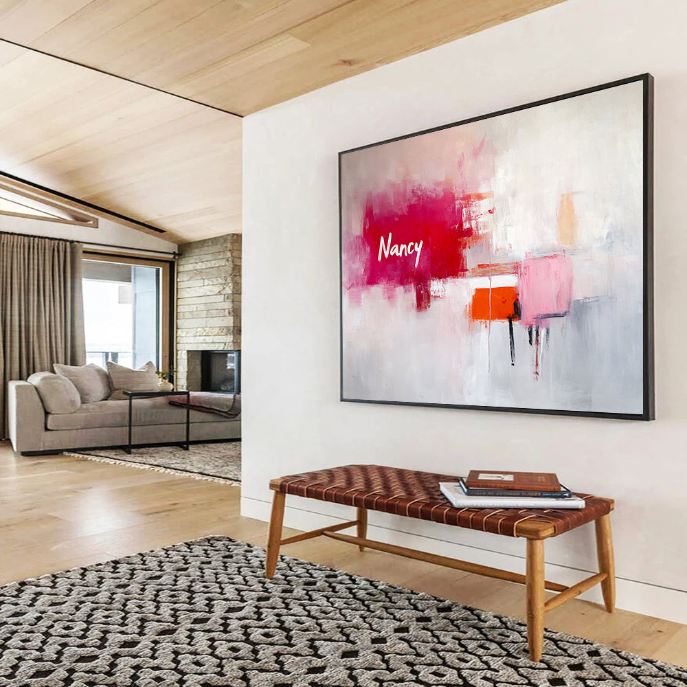 “Pink Abstract with Name” - Pink, Red, Orange, White, Text “Nancy” - Painting On Canvas HB1430