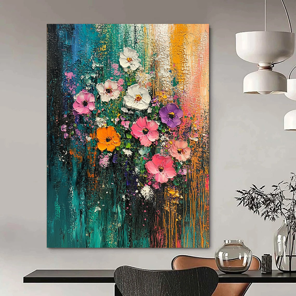 Vibrant contemporary abstract painting featuring colorful flowers against a textured forest backdrop that invites you to explore its lively landscape. DLZ1022