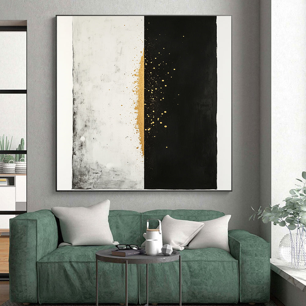 Black, White & Gold Split Dots - “Celestial Divide” Painting On Canvas HB194