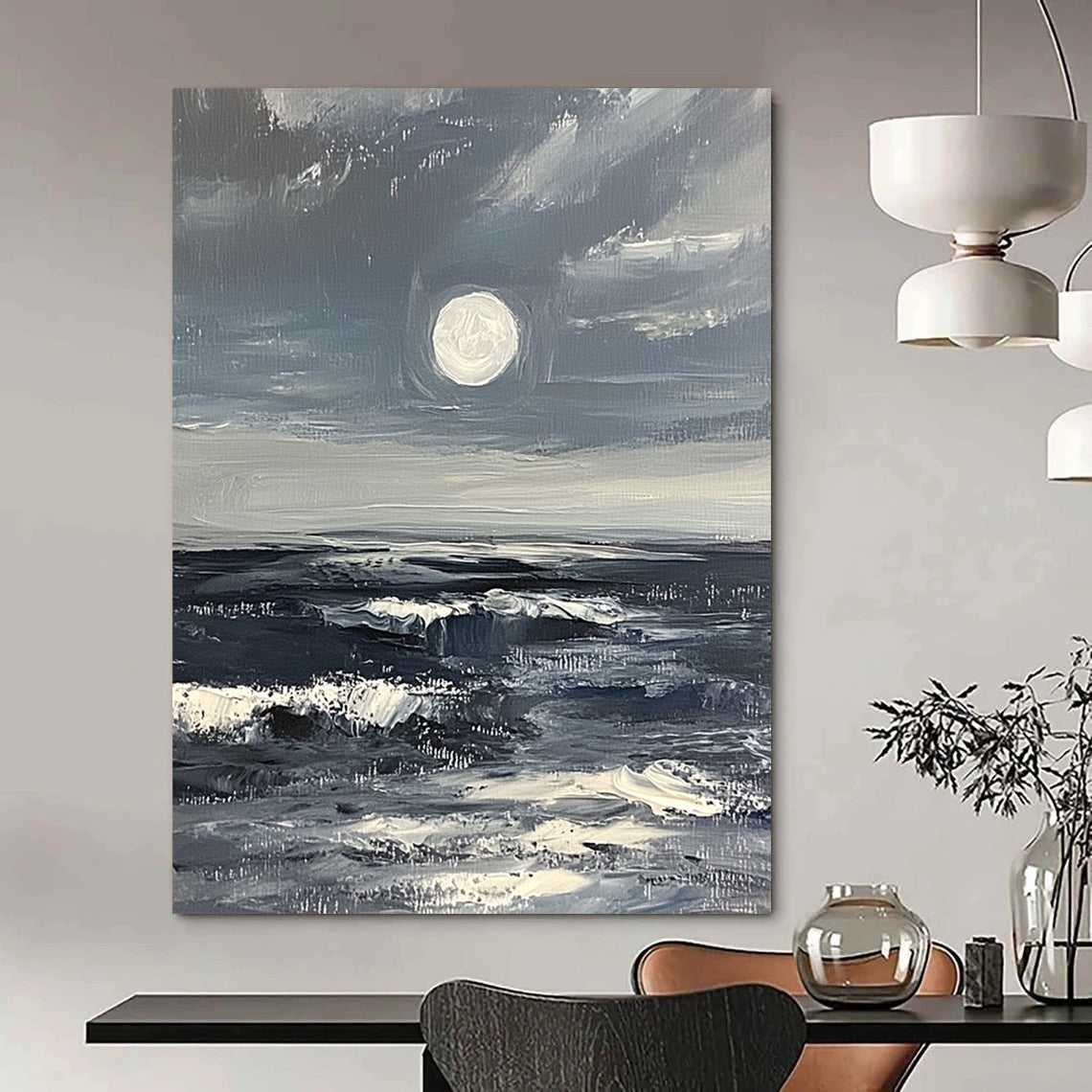 Large contemporary abstract artwork featuring a minimalist moonrise over a stormy ocean in gray and white with thick impasto brush strokes. DLZ1110