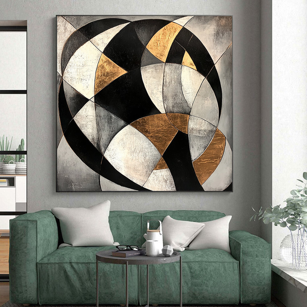 Gray, Black, White, Gold, Curved Geometry "Celestial Arc" Abstract Cosmic - Inspired Painting On Canvas HB079