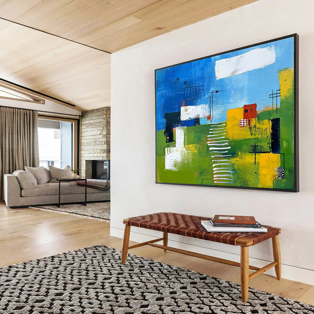 “Colorful Landscape Abstract” - Blue, Green, Yellow, White, Abstract Landscape - Painting On Canvas HB1415