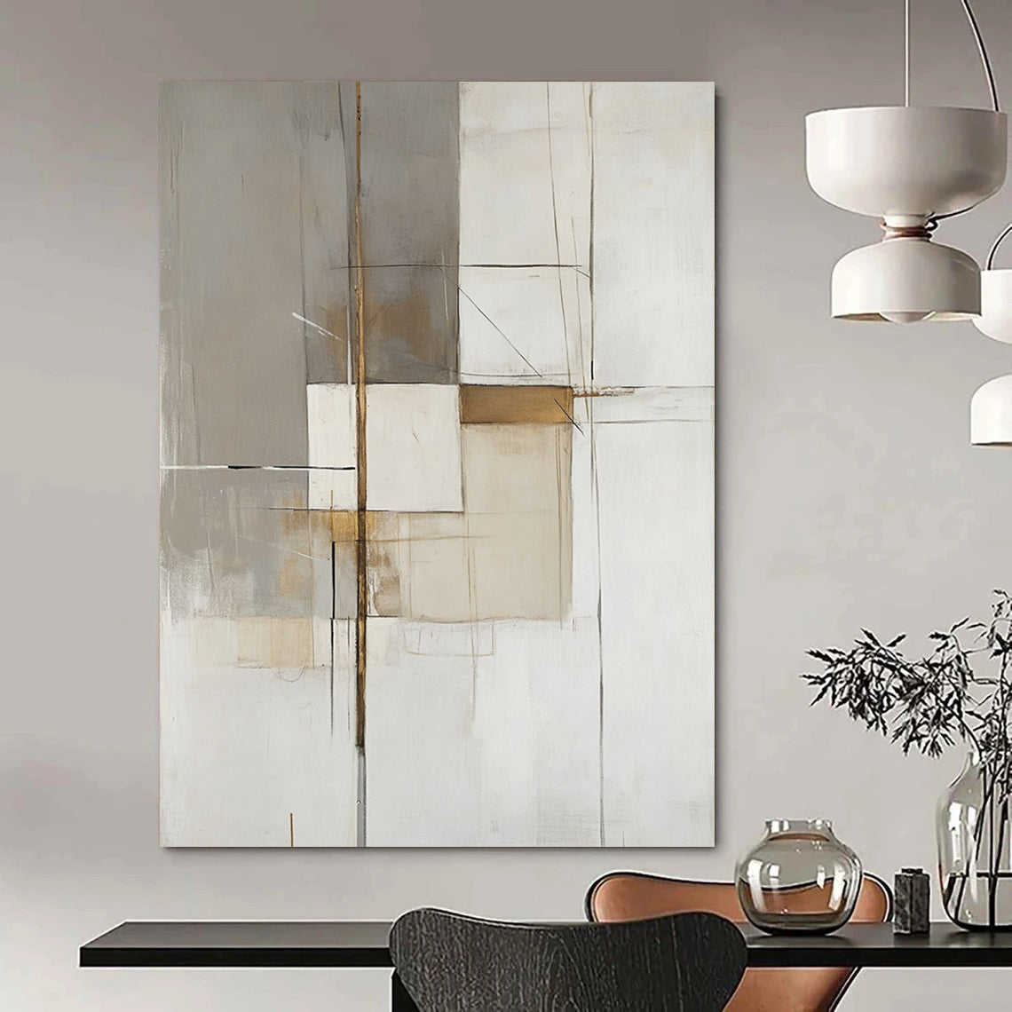 Large contemporary hand-painted abstract artwork features white gray and beige organic shapes with gold accents and heavy brushwork on a minimalist background. DLZ1742
