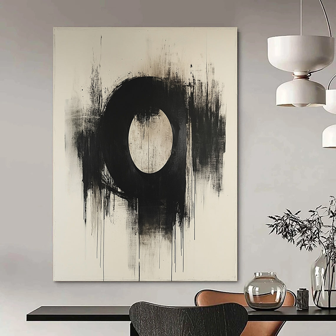 Contemporary abstract masterpiece featuring an oval in dark grey and beige on canvas with a textured finish showcasing artistic elegance. DLZ0859