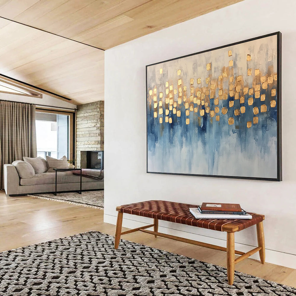“Blue and Gold Dots” - Blue, Gold, White, Abstract Dotted Painting On Canvas HB1055