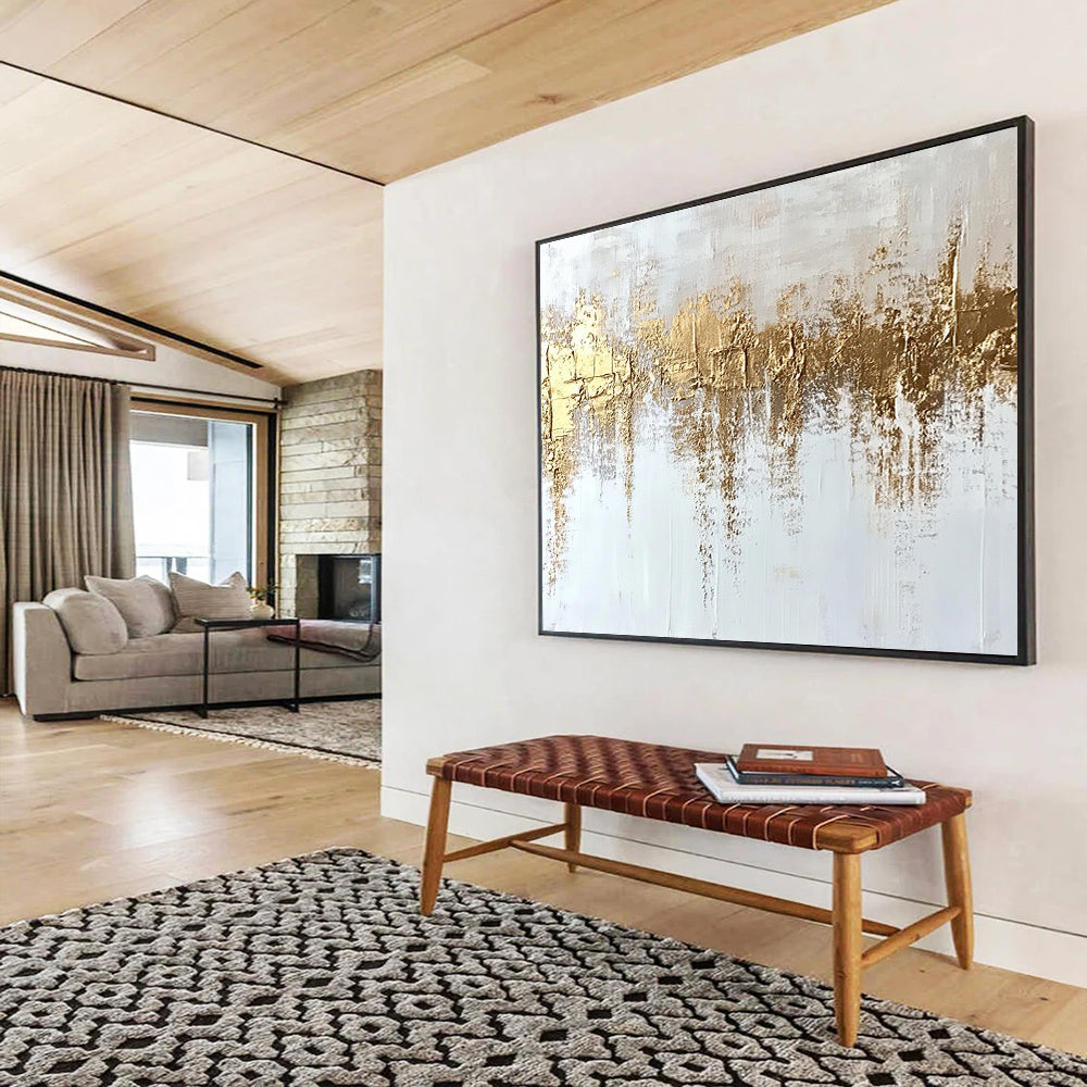 “Gold - Textured White Abstract” - White, Gold, Textured Abstract Layers Painting On Canvas HB0884