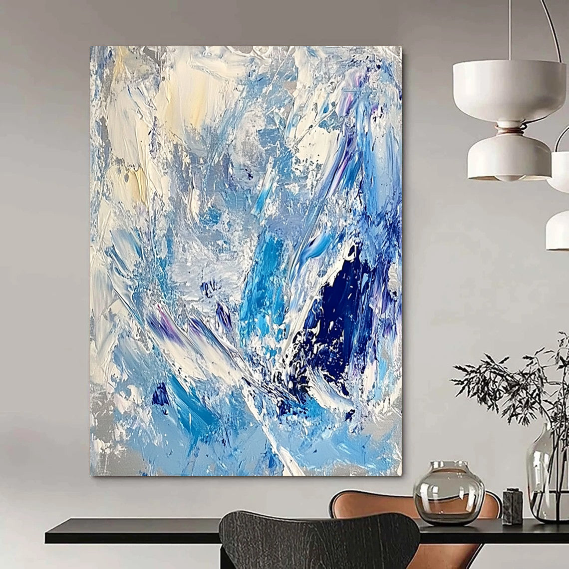 Contemporary large abstract artwork featuring thick impasto strokes in light blue, white, and silver, evoking the essence of ice and snow. DLZ0624