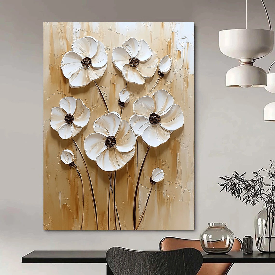 Contemporary hand-painted abstract art featuring textured white flowers on a calming beige background with an elegant neutral color palette. DLZ0262