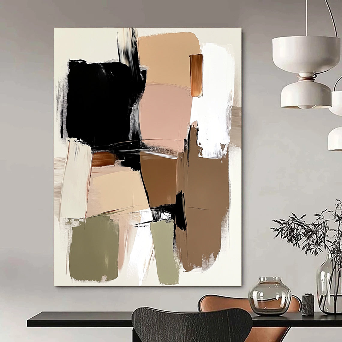 Contemporary hand-painted abstract art featuring loose brush strokes, large shapes, and a neutral background in beige and brown with accents of black, white, sage green, and pink. DLZ0557