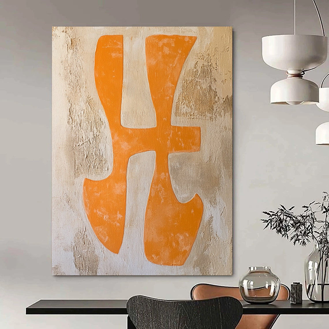 Contemporary abstract painting featuring orange "Xing" characters in a textured canvas with warm terracotta and pale yellow hues. DLZ1706