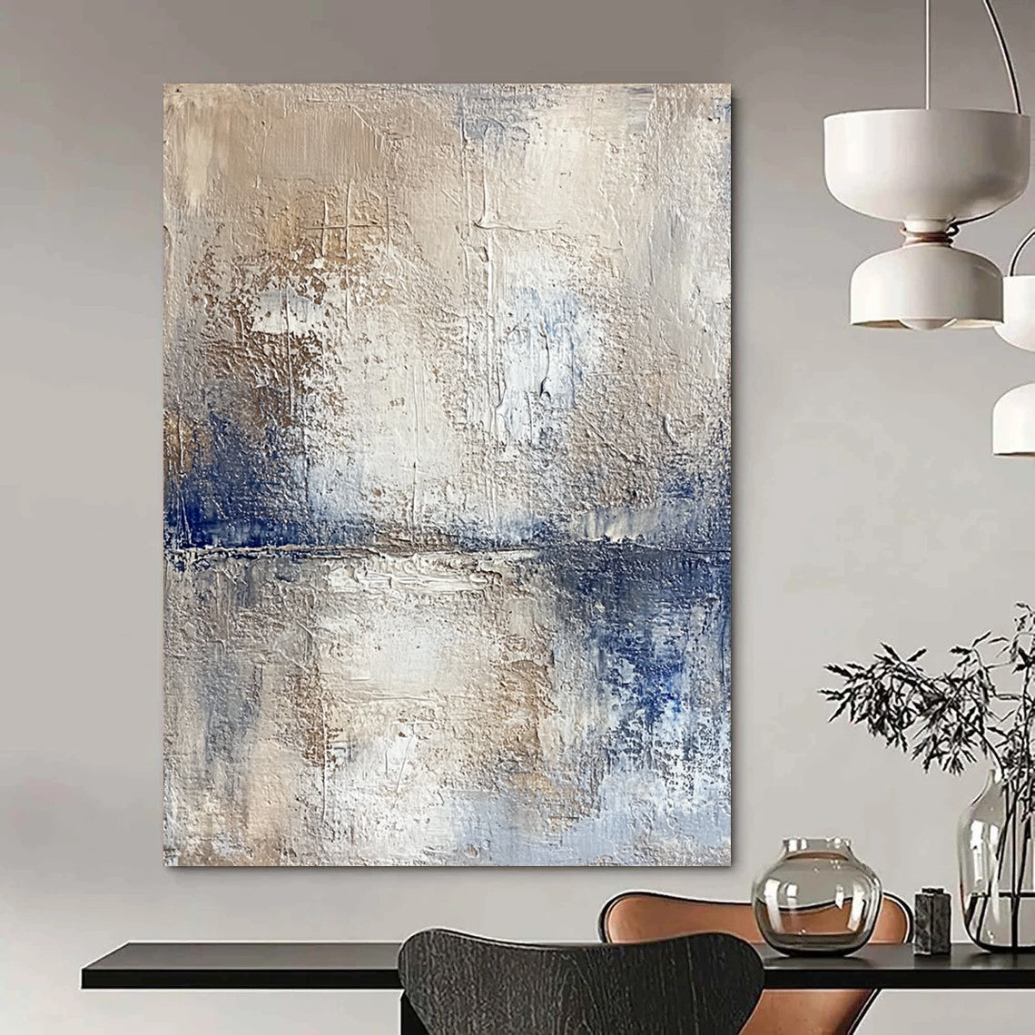 Contemporary hand-painted abstract artwork depicting a serene lake and sky with textured beige tones and vibrant blue accents for a striking visual experience. DLZ0471
