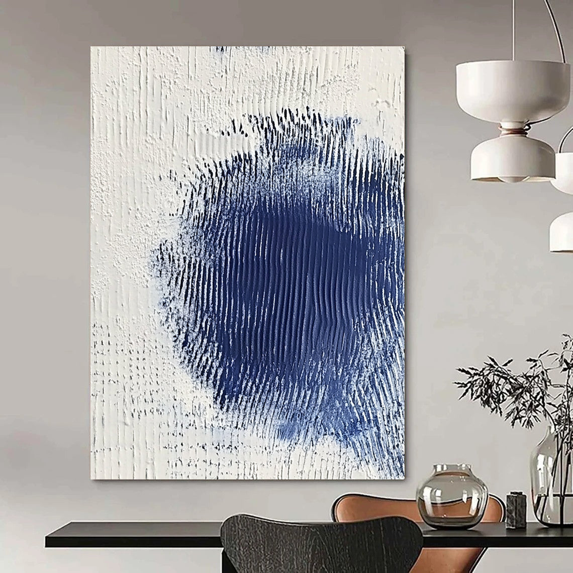 Contemporary abstract art featuring serene white and blue textures with a central dark blue spot creating depth and minimalistic elegance. DLZ1223