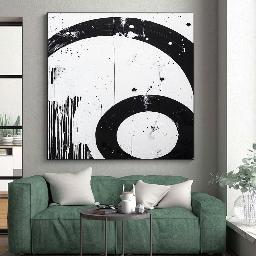 Black, White, Dripping Circles "Grungy Circle Drips" Abstract Street - Art Inspired Painting On Canvas HB180