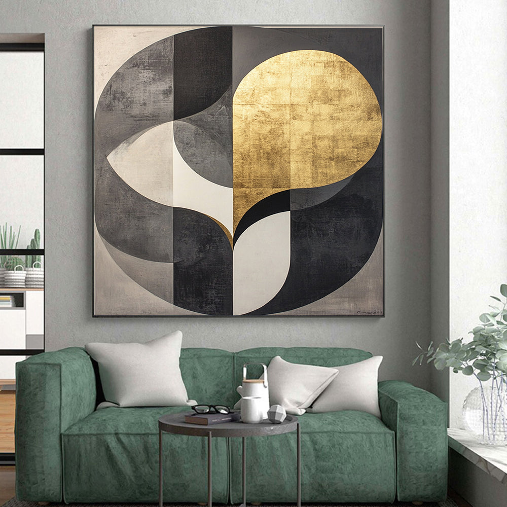 Black, Gray, White, Gold, Intertwined Circles "Gilded Unity" Abstract Cubist - Inspired Painting On Canvas HB117