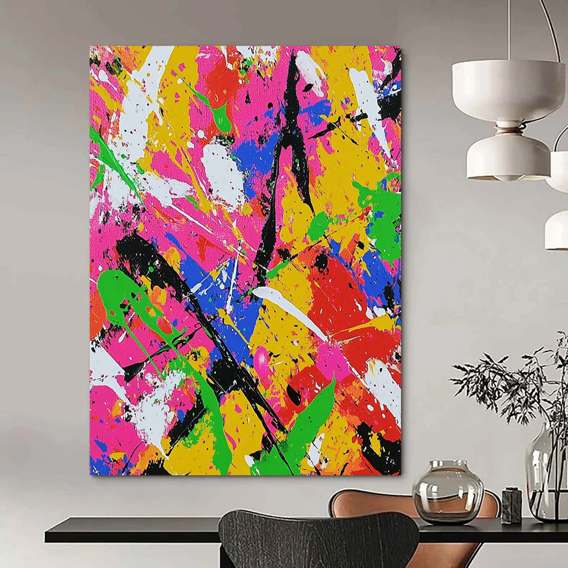Dynamic contemporary abstract art featuring chaotic splatter in neon colors with bold brushstrokes evokes joy and energy for vibrant spaces. DLZ1256