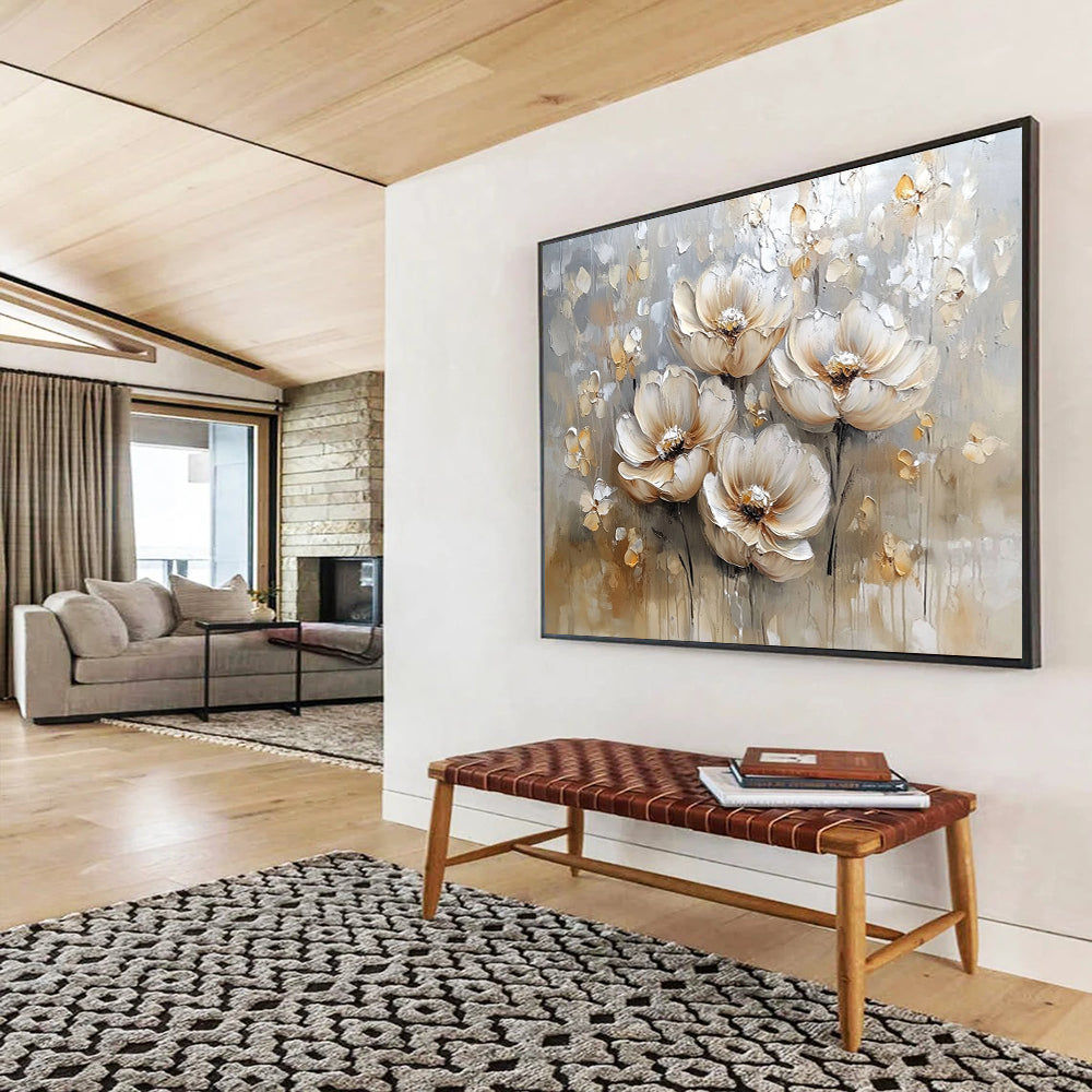 Beige, Gray and White Textured Flowers "Elegant Blooms" Painting On Canvas HB0421