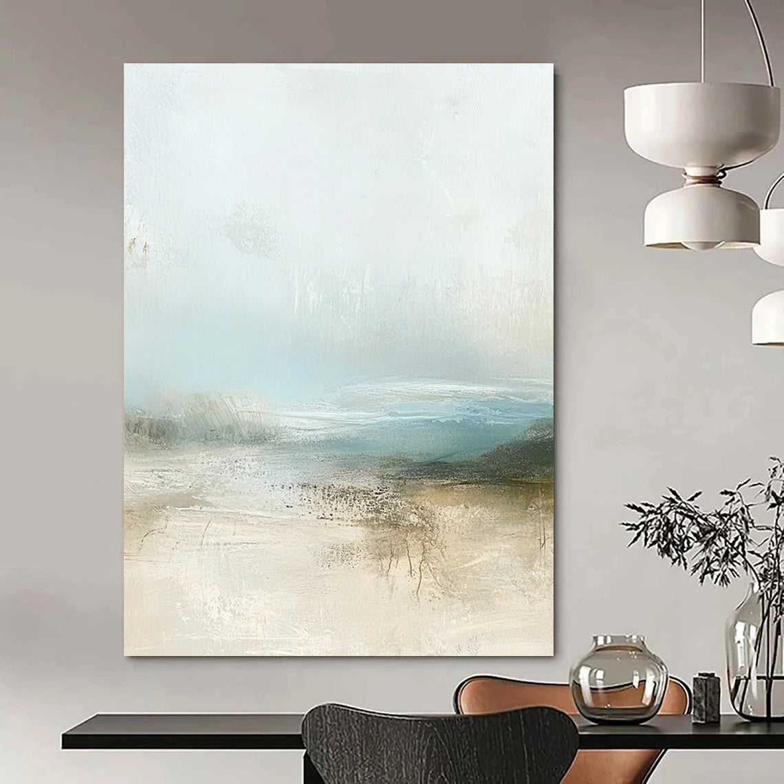 Contemporary abstract painting featuring muted pastel colors and calming beige and pale blue tones with soft atmospheric clouds. DLZ0282